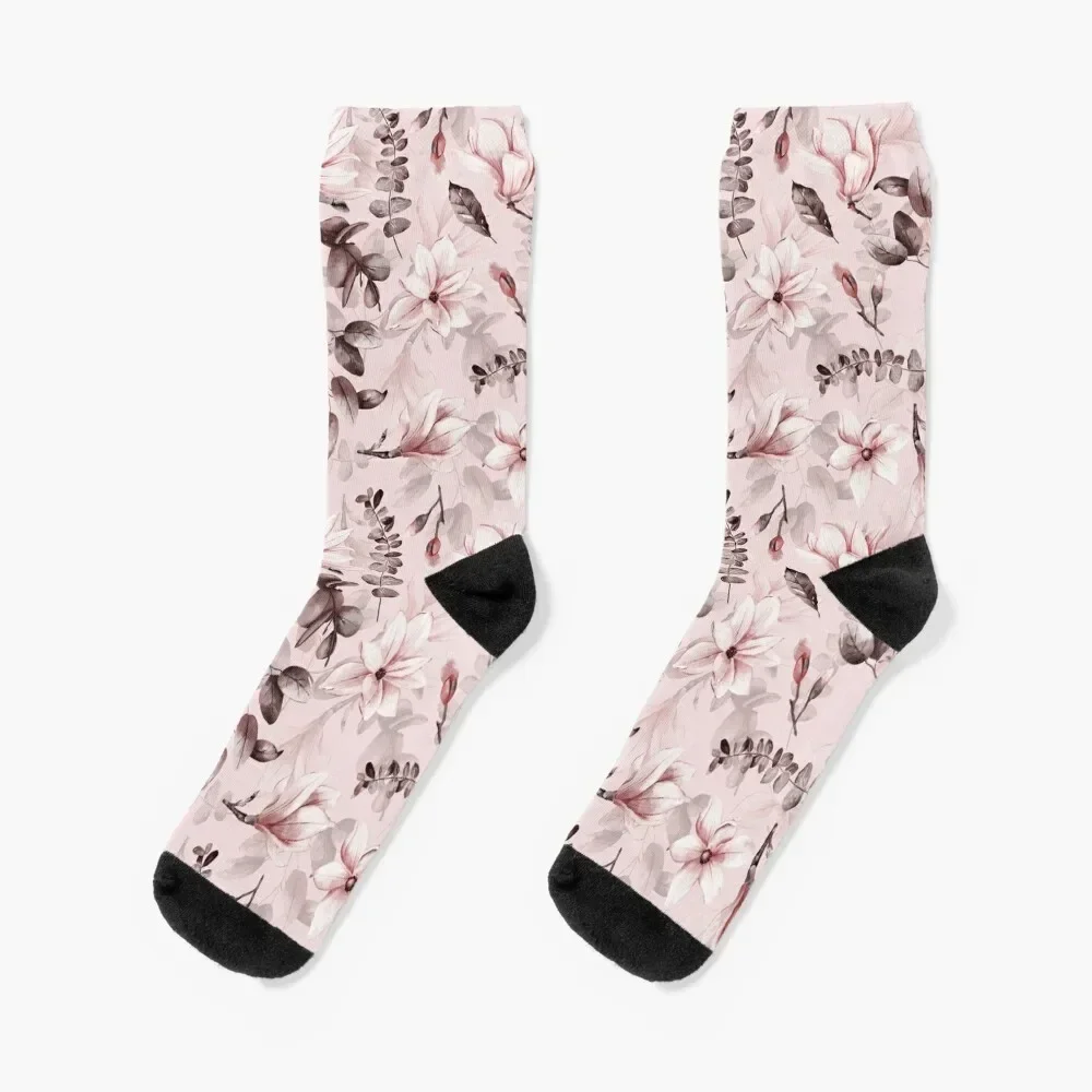 

Sepia Pink Hand Drawn Watercolor Magnolia Flowers Socks christmas stocking winter thermal Male Socks Women's