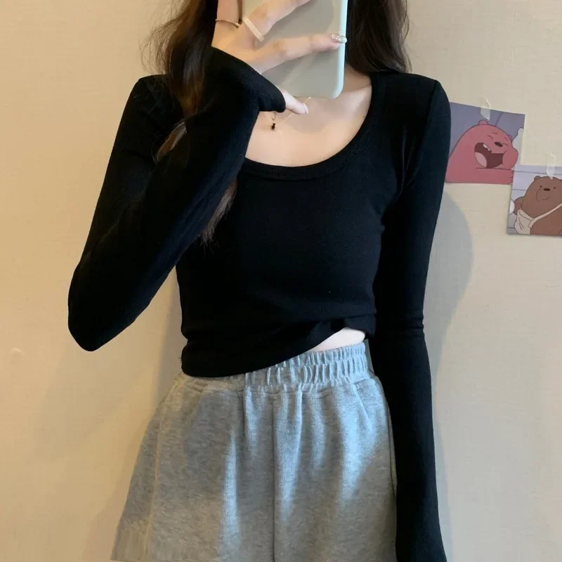 الربيع/الخريف رقيقة طويلة الأكمام تي شيرت المرأة القطن سليم سليم منخفضة طوق طماق المرأة نمط قصير داخل بلوزة على شكل حرف U