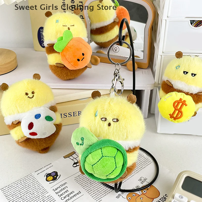 Cartoon Cute Can Be Pulled Plush Little Bee Pendant Plush Toy Doll Cute School Backpack Pendant Keychain Doll Toy Children Gifts