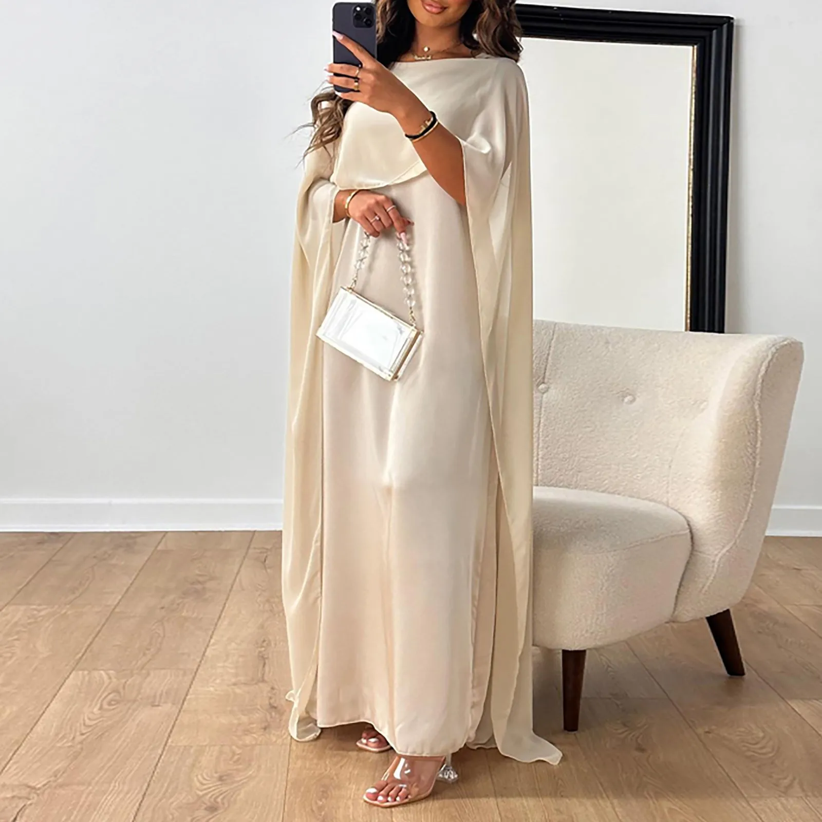 Muslim Ramadan Dress For Women Long Sleeve Crew Neck Pullover Chiffon Dress Arabian Saudi Arabia Dress Robes Islamic Clothes