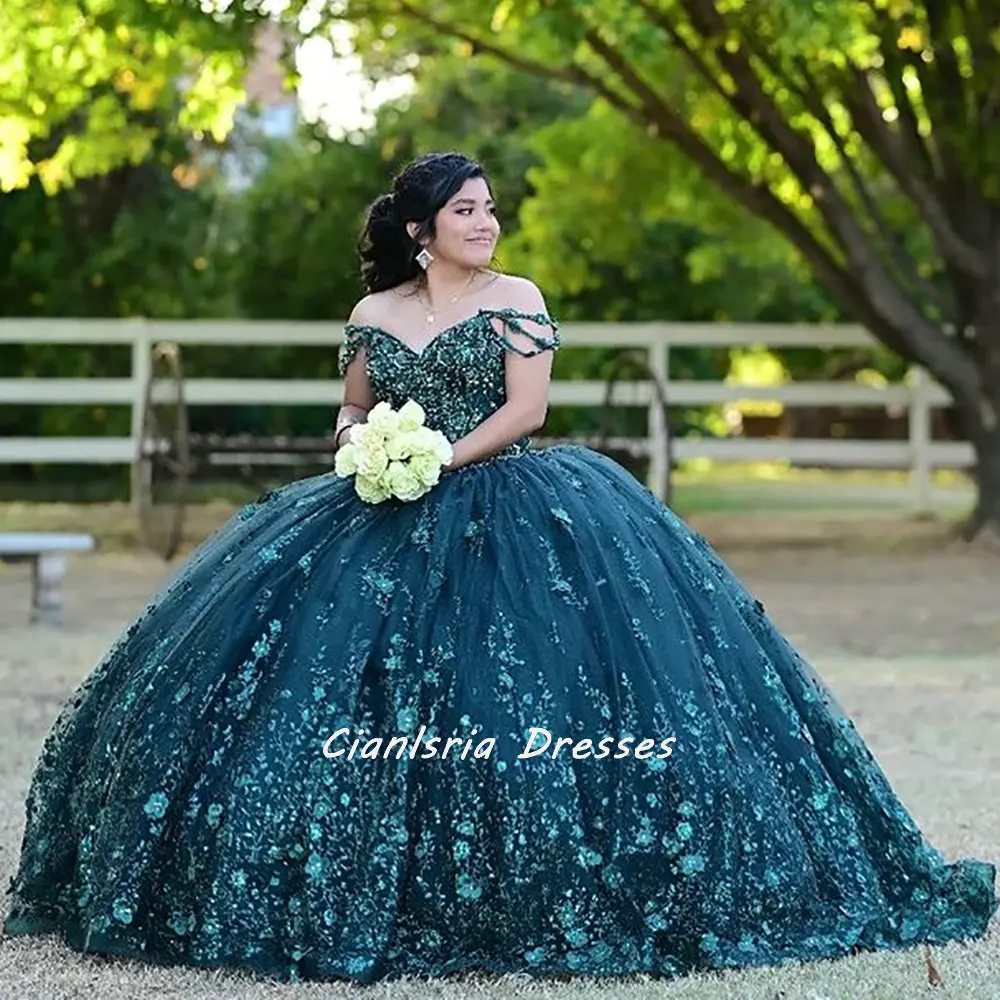 

Hunter Green 3D Flowers Appliques Quinceanera Dresses Ball Gown Off The Shoulder Beading Crystal Corset Vestidos De XV Anos