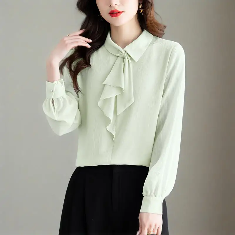 

Korean Fashion Scarf Collar OL Style Chiffon Blouses Women 2026 New Spring Elegant Long Sleeve Tops Women Vintage Clothing