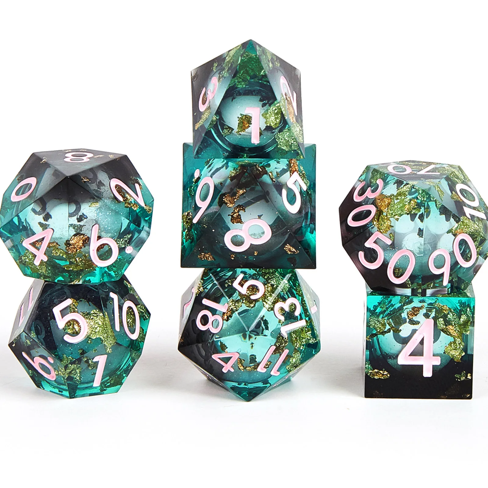 DnD Dice Set - 7 Sharp Edge Resin Dice, Handmade Black Green D&D Dice for Dungeons and Dragons, RPG Games, Polyhedral Dice