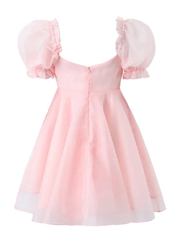 Sweet Princess Summer Light Pink Organza Ball Gown Dress Wood ears Puff Sleeve Retro Women Swing Mini Fairy Cake Robe