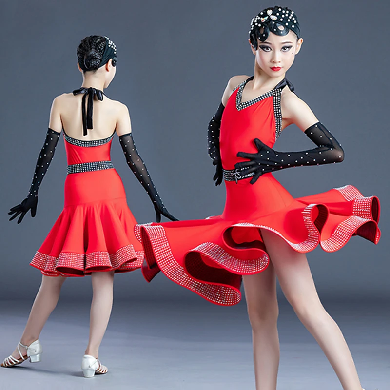 

New Girls Latin Dance Dress Red Rhinestone Competition Outfit Cha Cha Ballroom Dress Latin Performance Costume Stage Wear BL5161