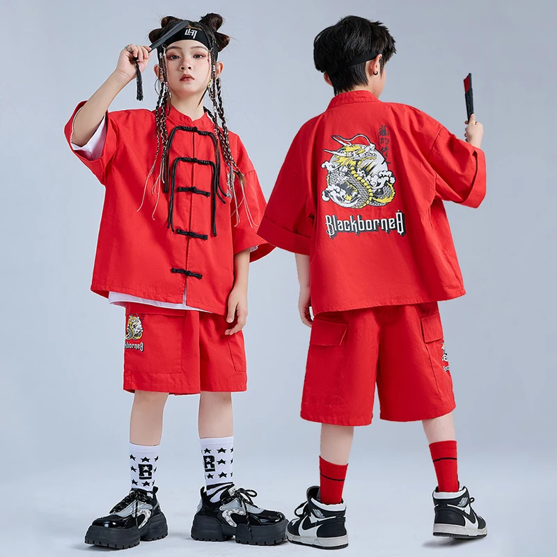 Hip Hop Dance Streetwear For Boys Chinese Style Red Outifts Girls Jazz Dance Costumes Performance Stage Rave Clothes DQS13966