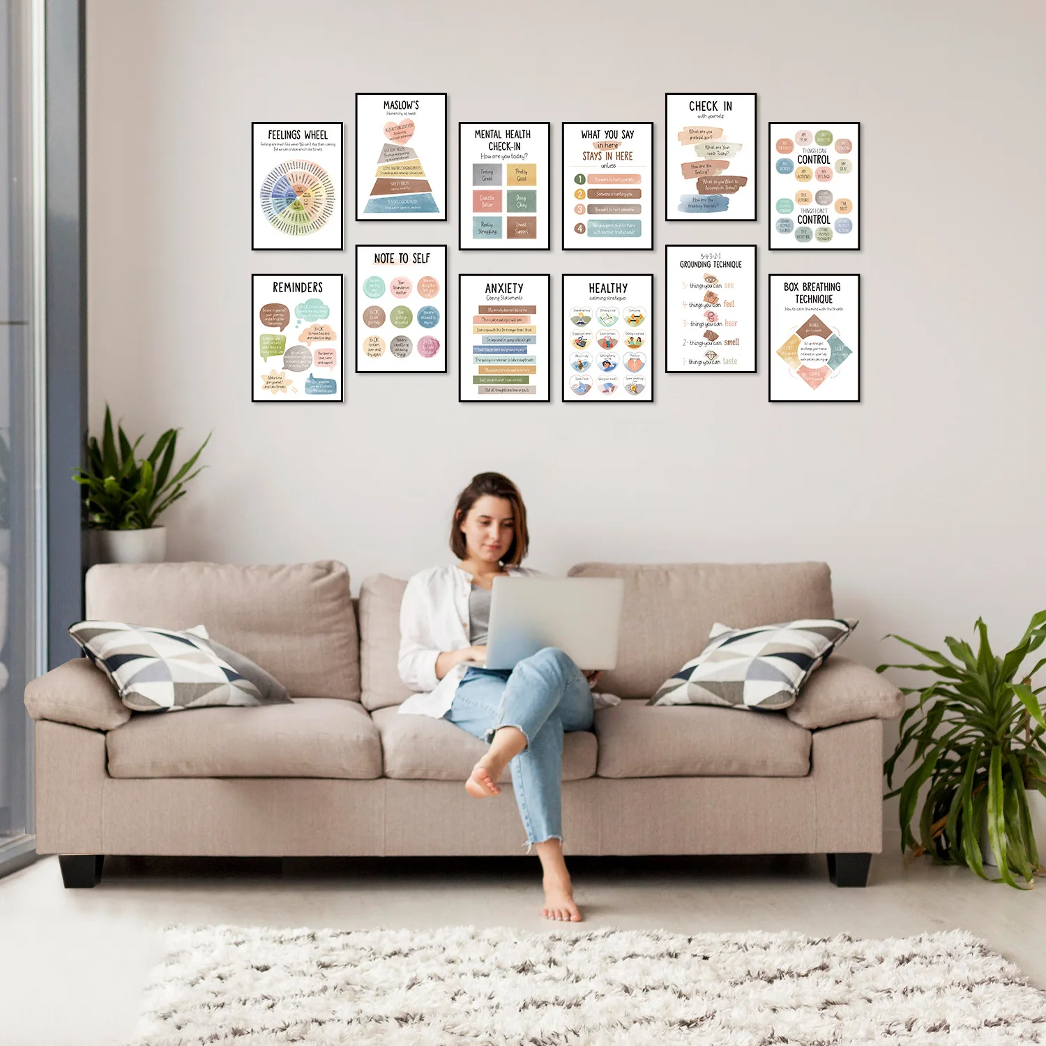 

12pcs Mental Health Psychology Coping Skills Posters Inspirational Quotes Mural Art Painting Wall Art Children's Room Decoration