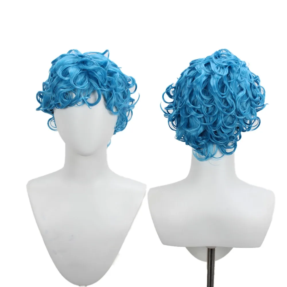 

Парик для косплея Ghiaccio JoJo Bizarre Adventure, синие короткие вьющиеся волосы ручной работы