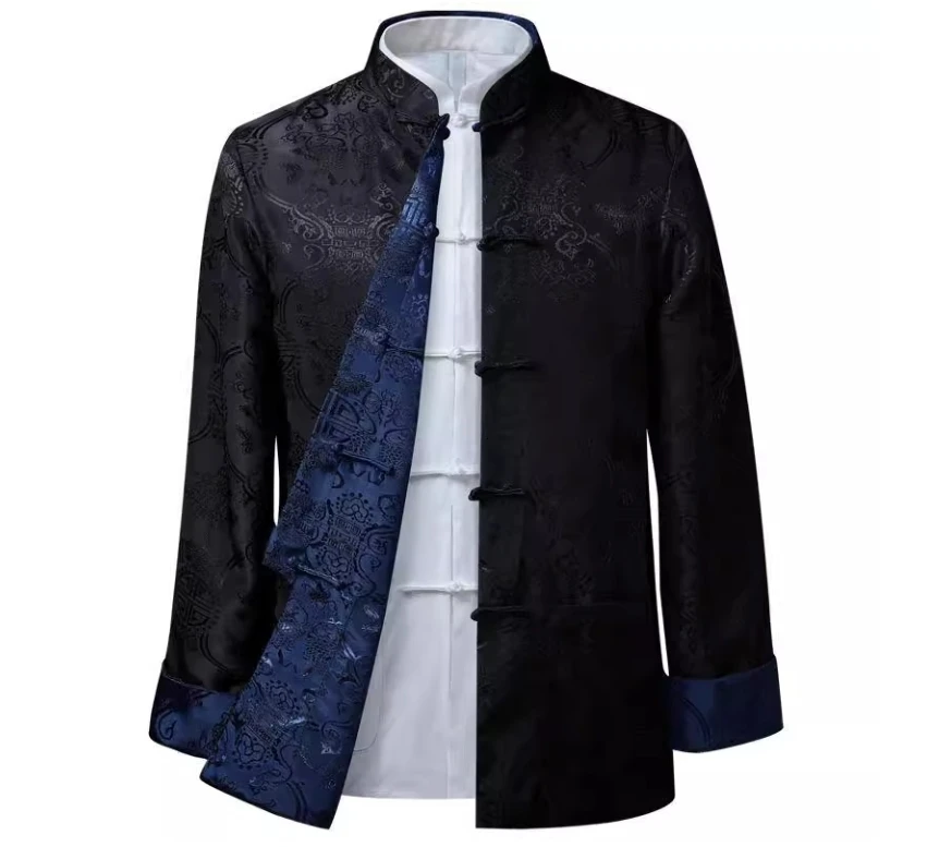 Jaket Tang Suit Musim Semi Musim Gugur Pria Kasual Kostum Nasional Tiongkok Ayah Kancing Panjang Dapat Dibalik Untuk Usia Menengah dan Lansia