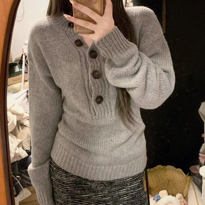 Retro Y2K Style Gray V Neck Sweater Female Slim Fit Long Sleeve Knitted Pullover Autumn Winter Elegant Streetwear Knit Tops