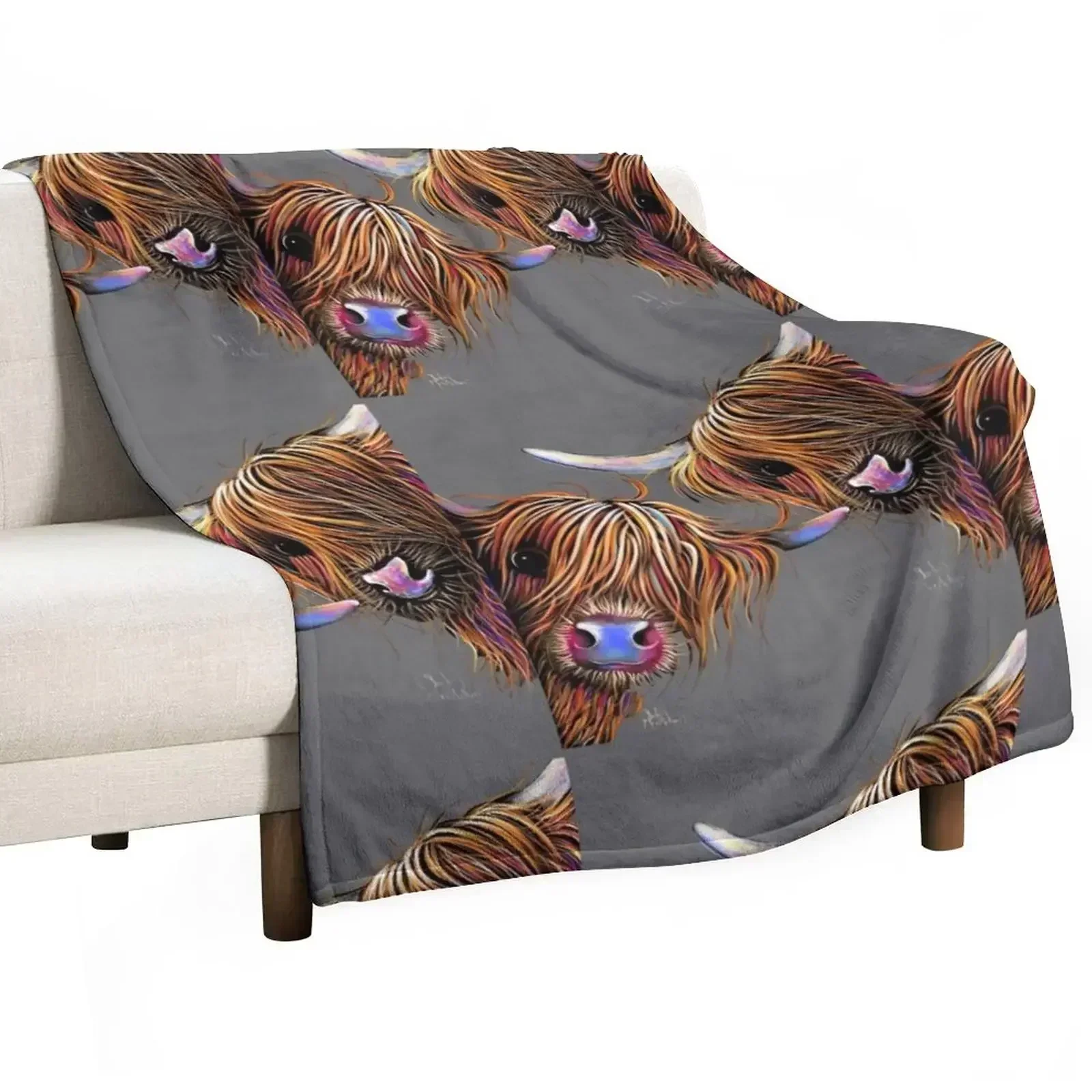 HiGHLaND CoW PRiNT SCoTTiSH ' SuGaR LuMP & NooDLeS oN GReY ' BY SHiRLeY MacARTHuR Throw Blanket Retros Sofas Blankets