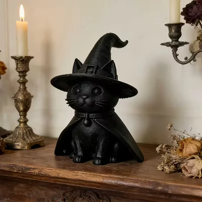 Kleine Statuen-Dekoration, Schwarzer Hexenhut Gotische Satan-Katze Wohnzimmer-Dekoration Schreibtisch-Deko Statue Raumdekoration – Detail 1