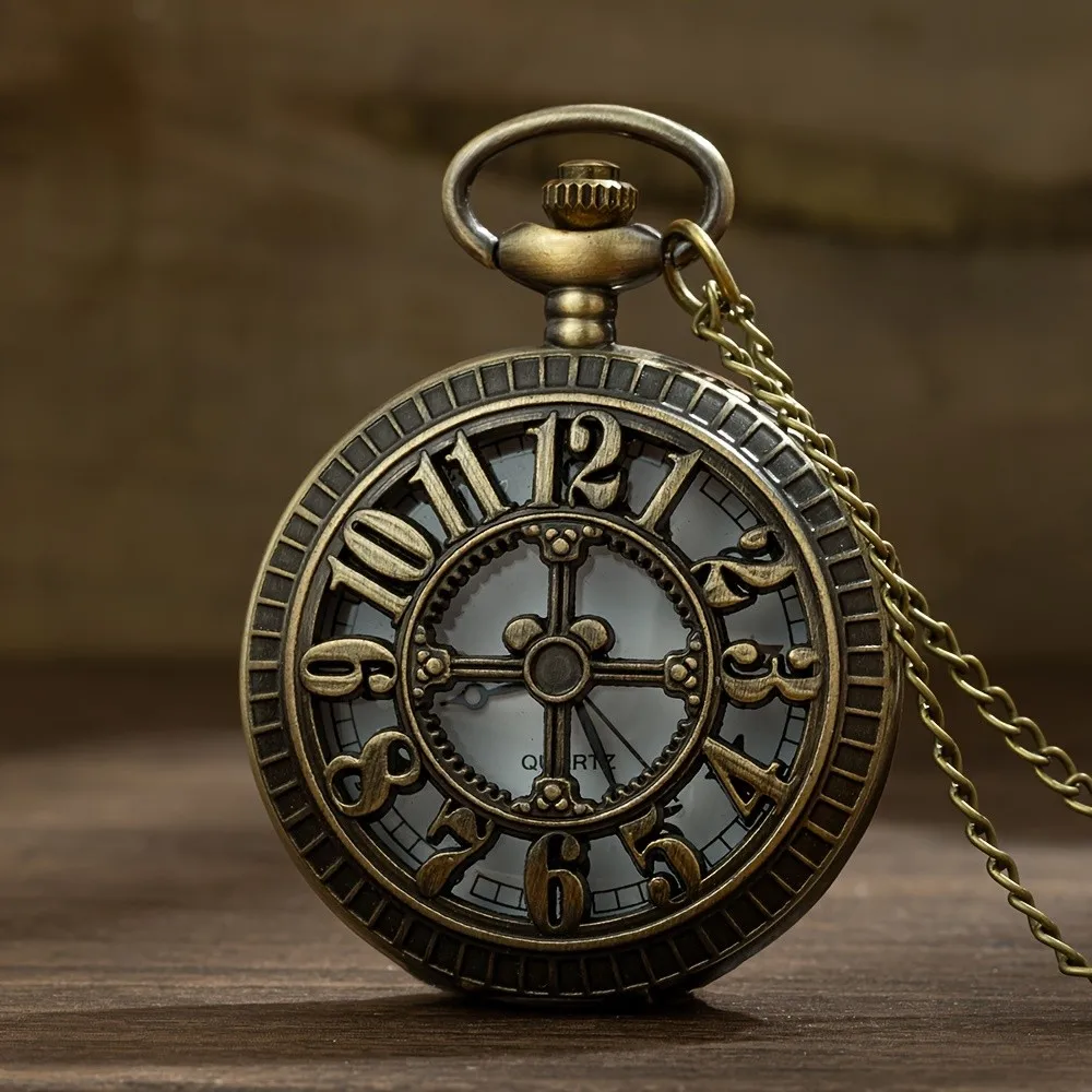 Exquisite Vintage Bronze Steampunk Pocket Watch, Carved Hollow Arabic Numerals Flip Quartz Clock, Retro Necklace Hanging Watch view 4
