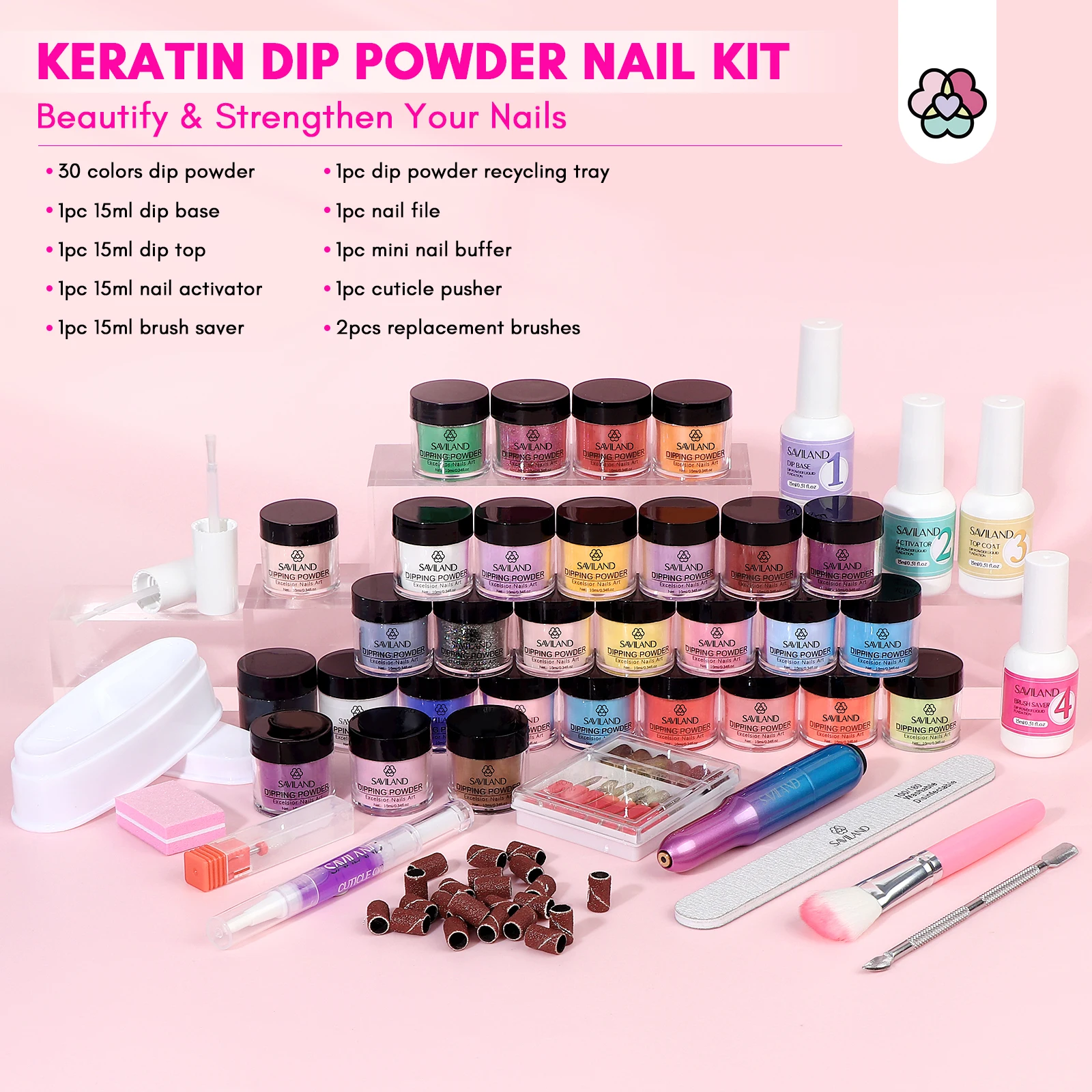 SAVILAND 30 Colors Dipping Powder Dip Powder Liquid Set with Base Top Coat with Electric Nail Drill  Kit for DIY Nail Art