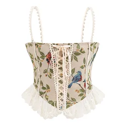 Leaf Bird Printed And Lace Spaghetti Strap Gothic Corset Crop Top Vest Women Lace Up Bodice Frence Rennaisance Retro Bustier