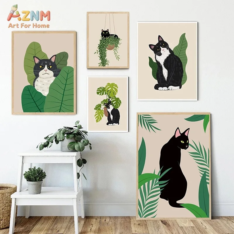 AZNM Boho Tropical Plant Canvas Wall Art Cute Black White Tuxedo Cat Monstera Leaf Print Unframed Canvas Painting for Living Roo