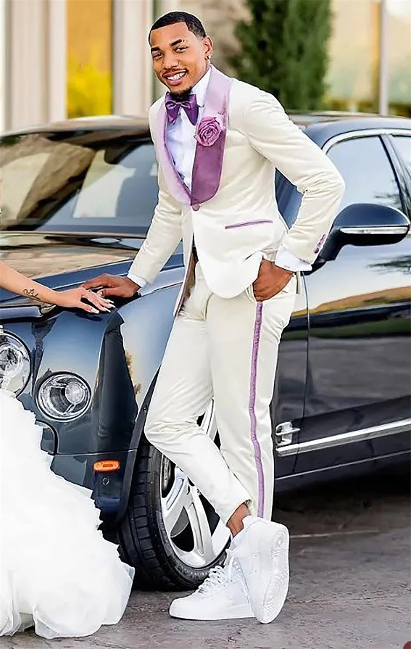 

White Men Suit Set 2 Pieces Blazer+Pants Trouser Formal Office Coat Purple Lapel Wedding Groom Tuxedo Customized