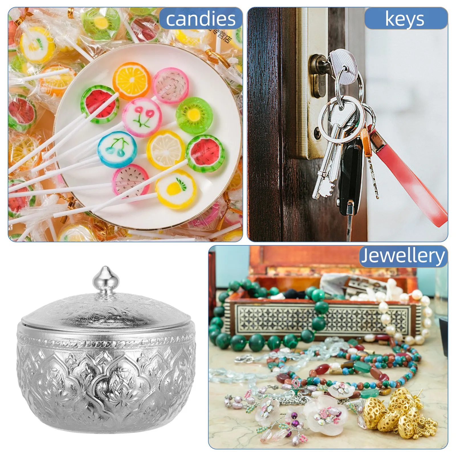 1Pcs Elegant Tin Decorative Storage Bowl Hand-Carved Enamel Jar with Lid Multi-Functional Organizing Container for Home Office