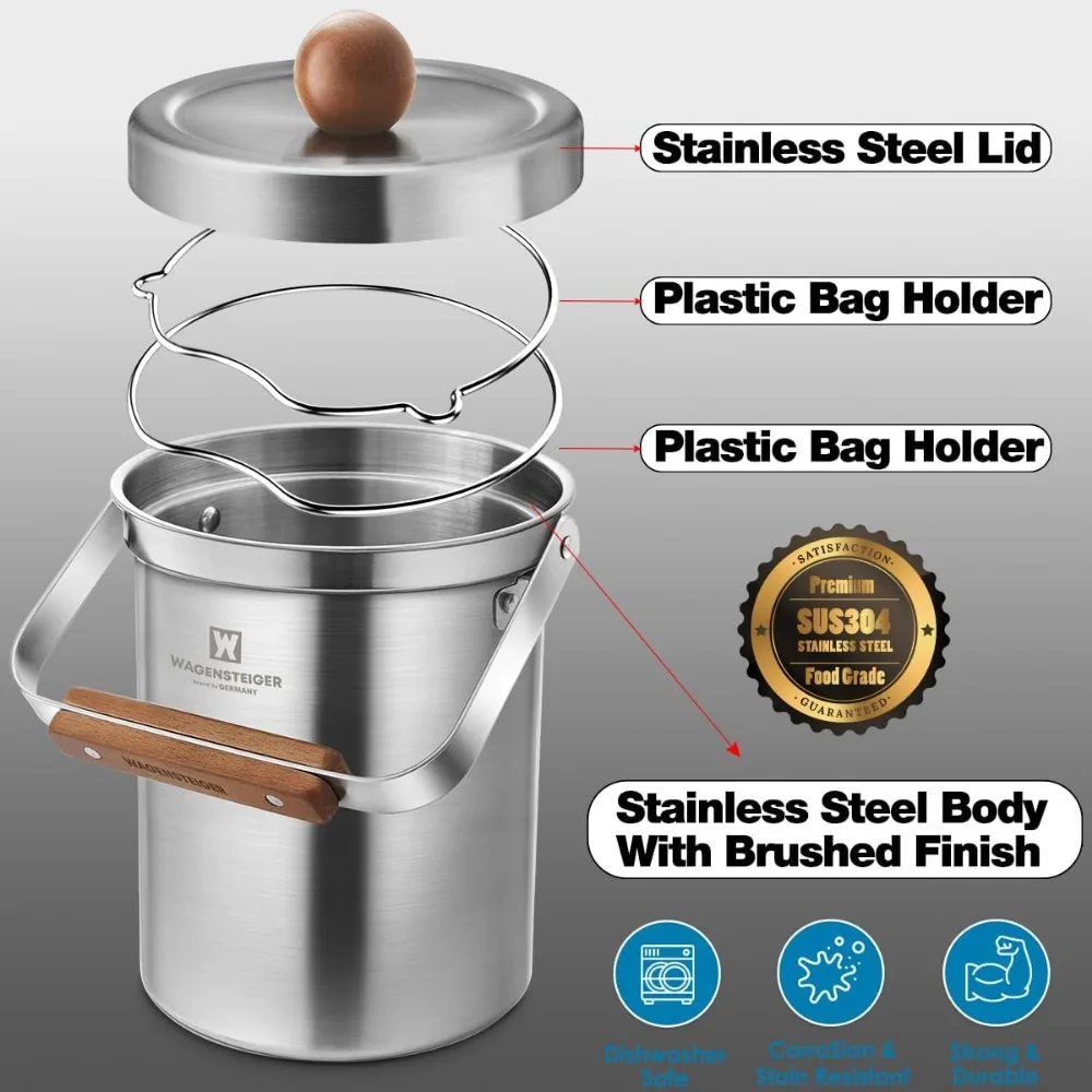 3L Stainless Steel Compost Bin with Airtight Lid, Odor-Free Kitchen Countertop Trash Can, Wooden Handle Design