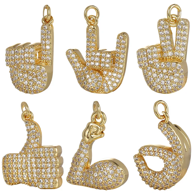 Juya Micro Pave Zircon 18K Real Gold Plated Decorative Signal Gesture Finger Charms For DIY Luury Pendant Punk Jewelry Making