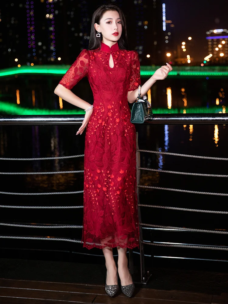 Spring Dress Mom Wedding Dress High End Evening Dress Red Bride Hi Mother-in-law Wedding Banquet Cheongsam Girl 2023