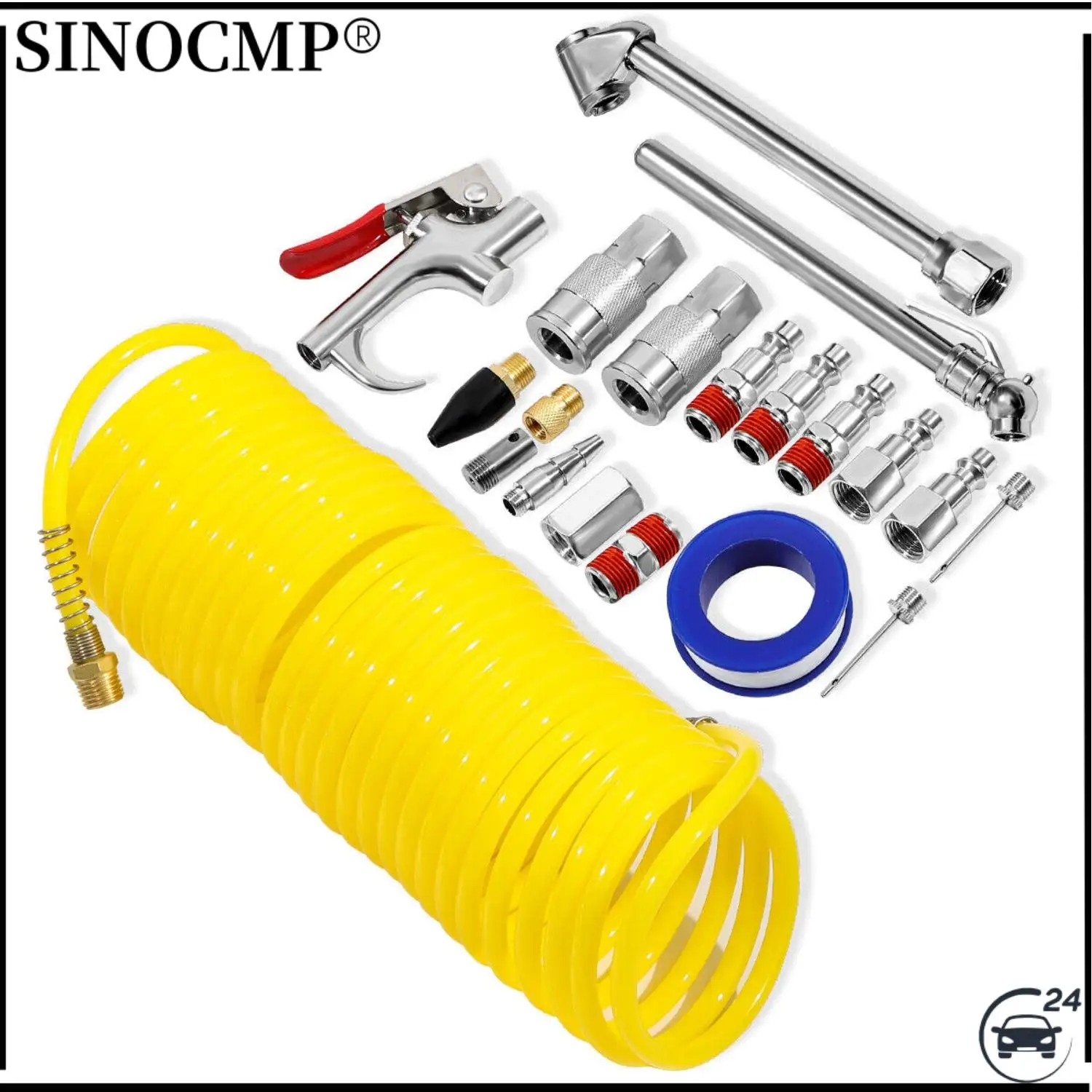 

20pcs Air Compressor Accessory Kit 25Ft Recoil Air Hose Gun Nozzles Set 1/4" NPT Inflation Needles Air Clean Tool Tire Gauge