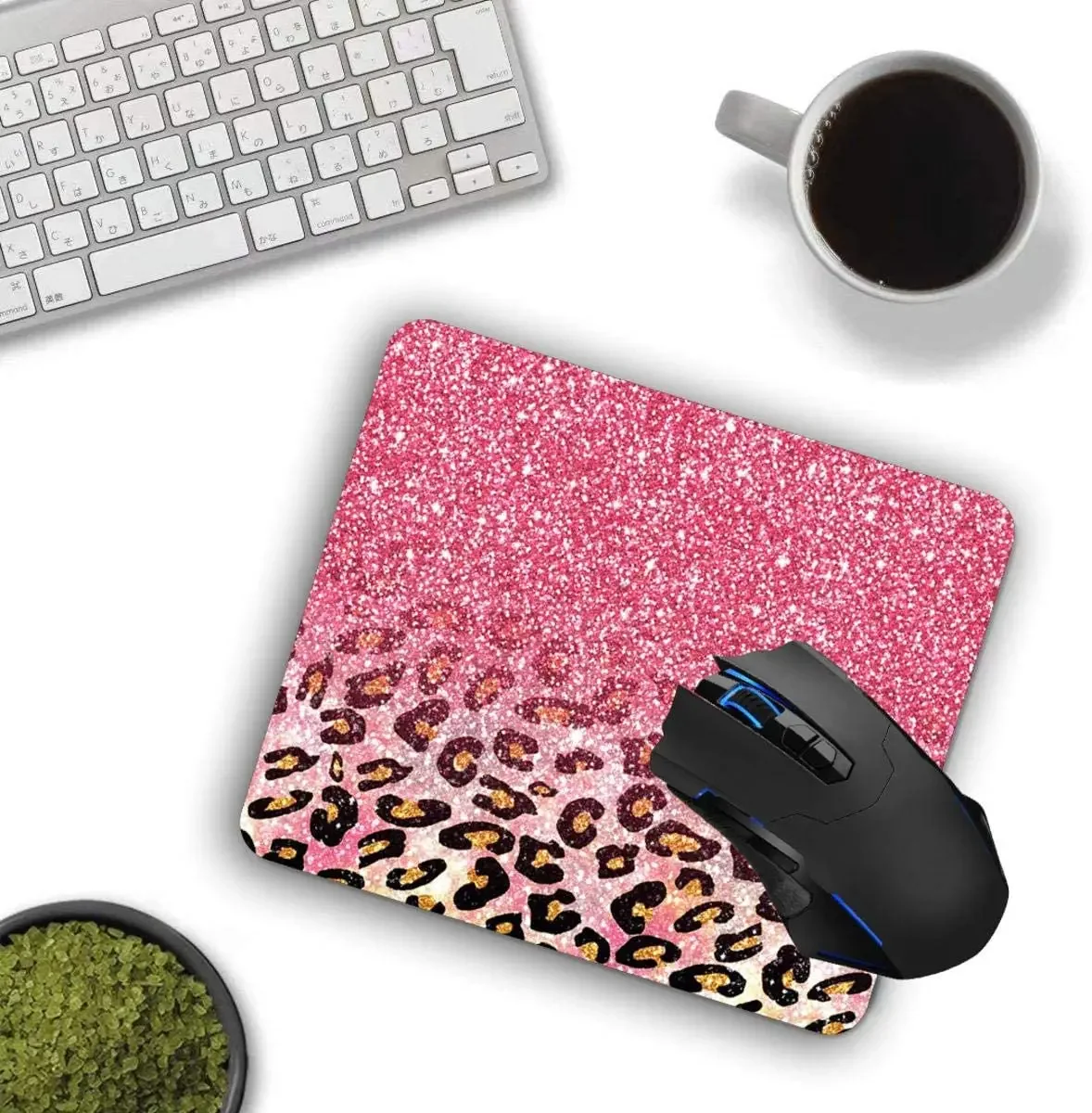 Mouse Pad,Cute Pink Faux Glitter Leopard Computer Mouse Pads Desk Accessories Non-Slip Rubber Base,Mousepad for Laptop Mouse
