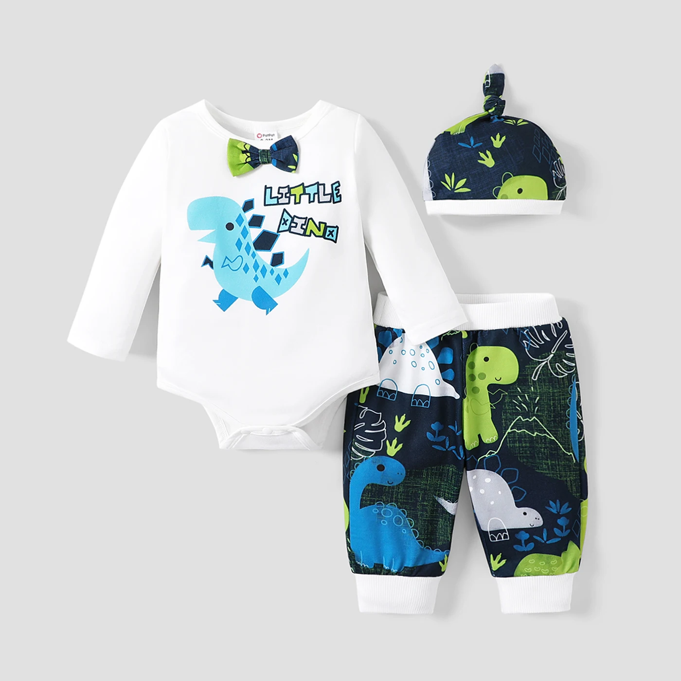 

PatPat 3PCS Baby Boy Childlike Button Dinosaur Long Sleeve Triangle Romper/Pant/ Hat Set