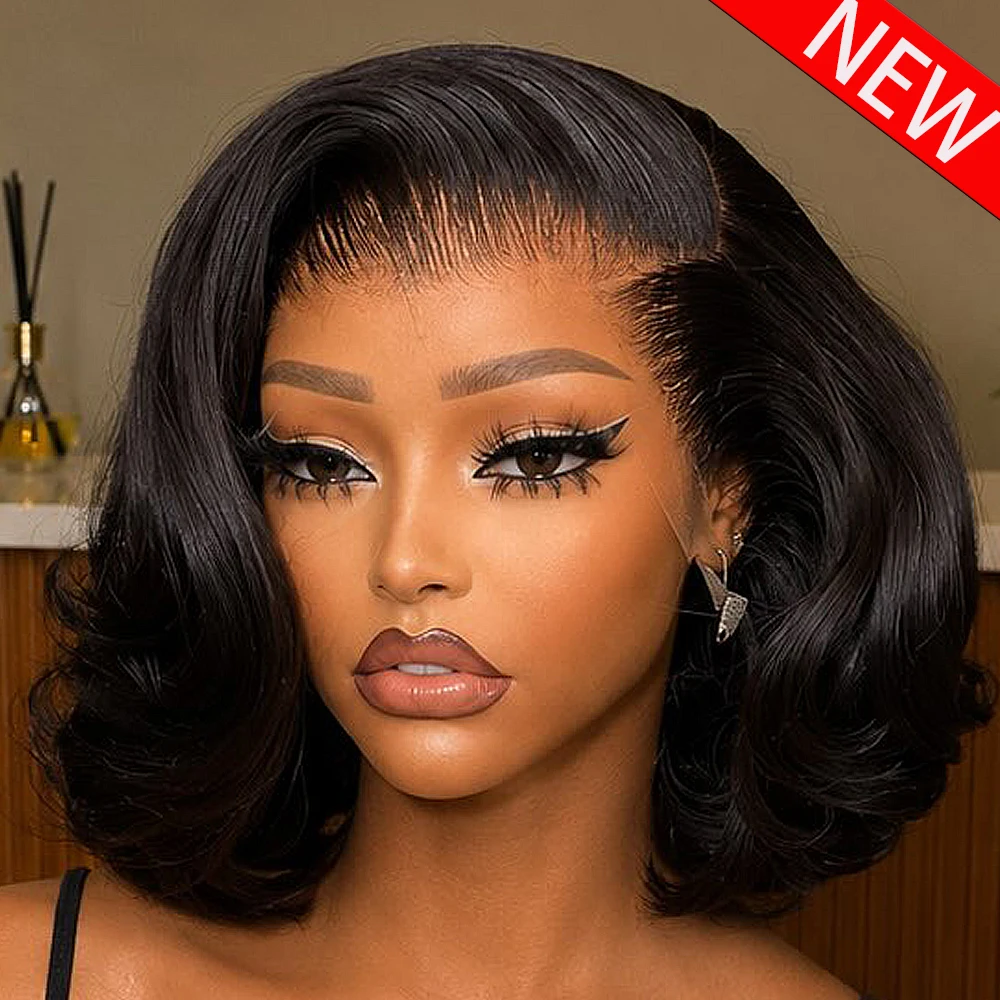 Image of Kurze Body Wave Bob Perücken, 400 Dichte, 100% Echthaar Perücken, 13x4 HD Transparente Lace Frontal Echthaar Perücken für Frauen, vorgezupft