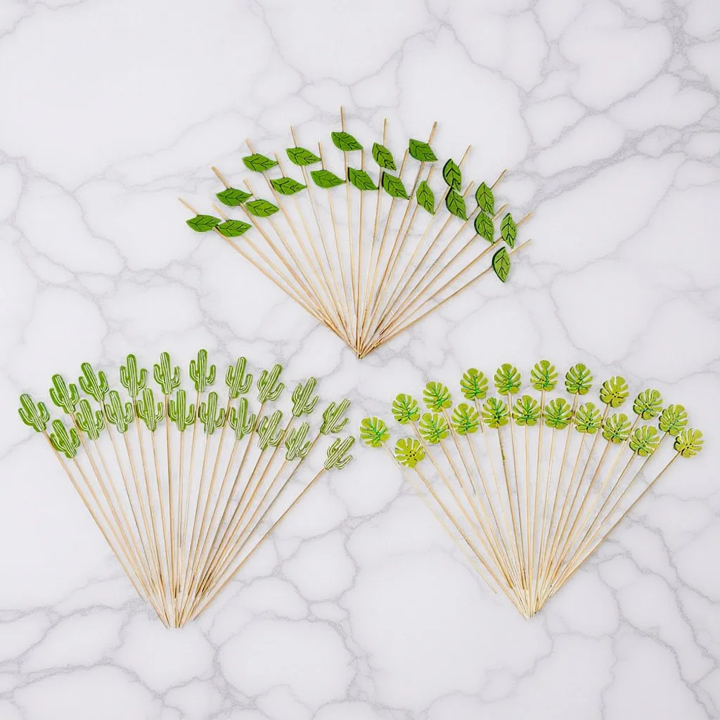 

60pcs Monstera Cake Picks Tropical Food Sticks For Jungle Party Appetizer Picks Luau Supplies Cocktail Decorations