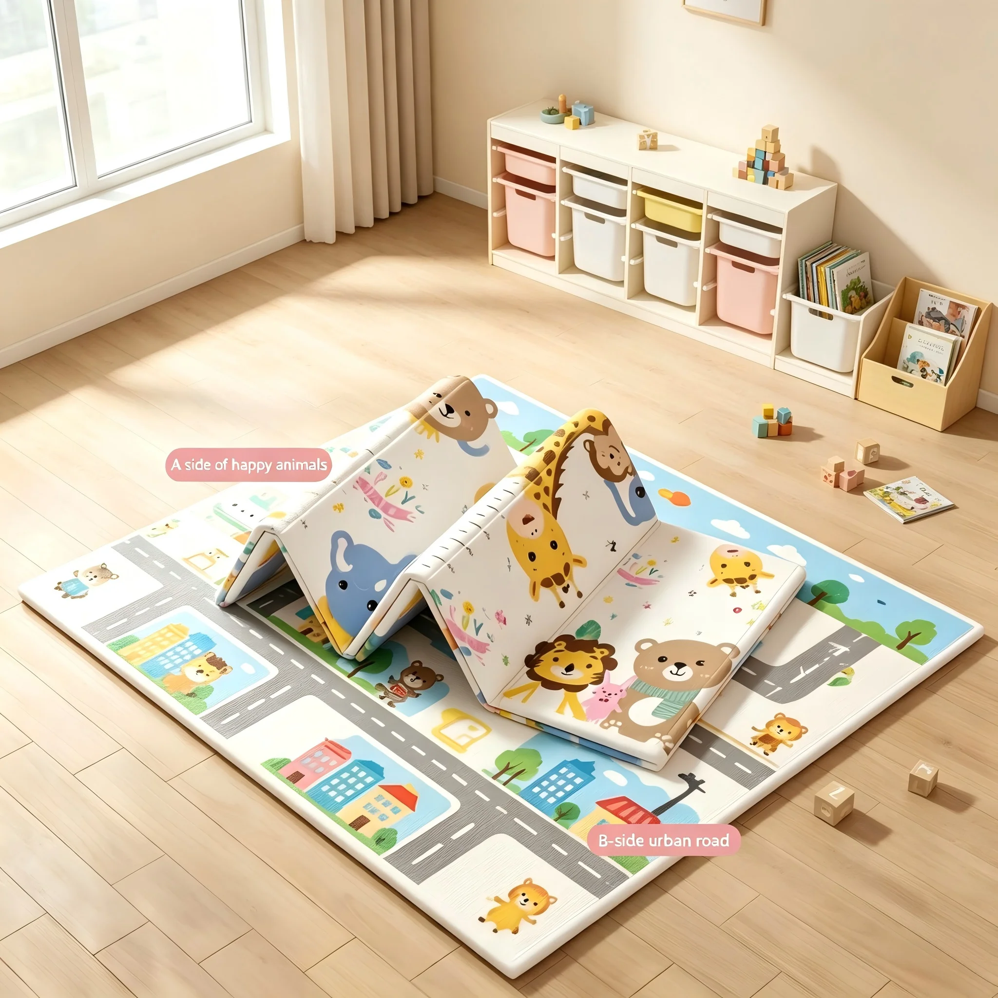 XPE material crawling pad with cartoon animal pattern foldable children's activity pad easy to clean for children's crawling