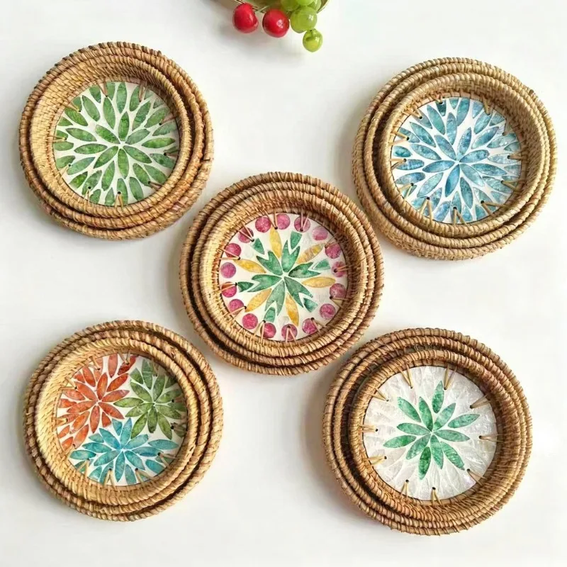 

Round Seashell Snack Tray, Woven Rattan Serving Platter for Living Room, Dessert, Pastry, Tea Cup Coaster