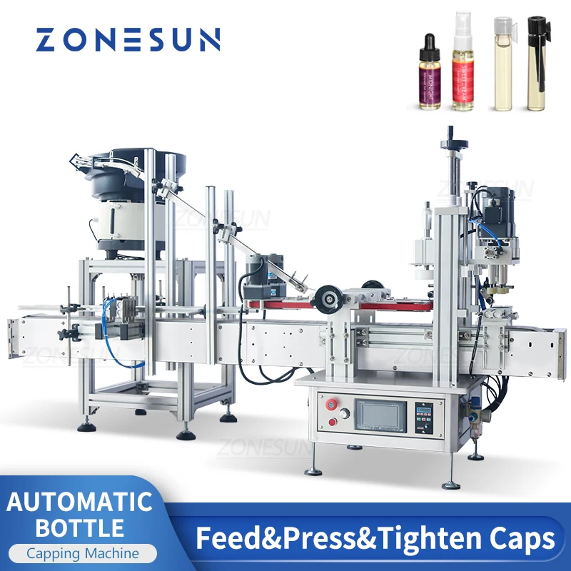 ZONESUN Automatic Capping Machine with Cap Vibratory Bowl 18-70mm Cap Feeding Bottle Capper Packaging Production Line