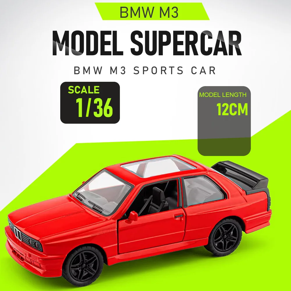 1:36 Scale M3 Diecast Alloy Toy Car Miniature Model Metal Body Rubber Tire Doors Can Opened Pull Back Vehice Birthday Surprise