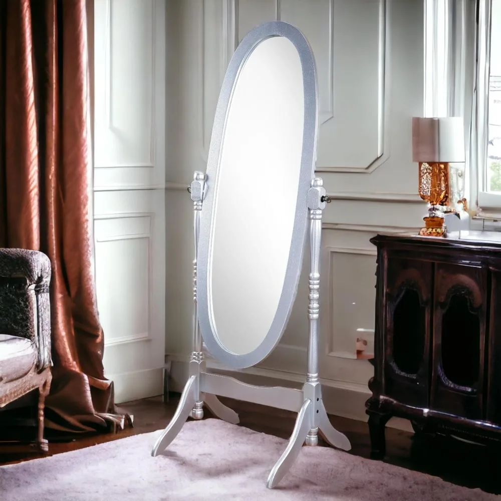 Miroir de sol cheval autoportant en bois de style vintage avec support réglable – Finition argentée, miroir pleine longueur pour la maison