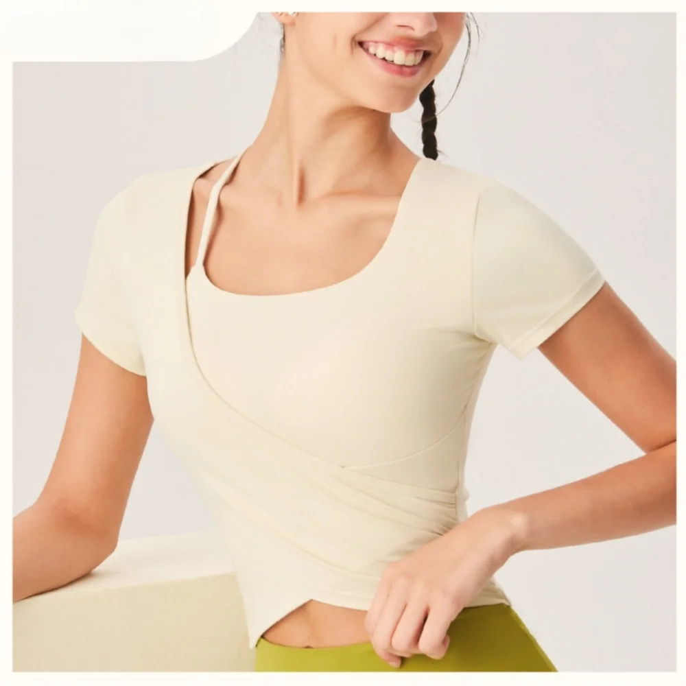 

Модный спортивный бюстгальтер, рубашка для йоги с перекрестной оберткой, дышащий топ для тренировок, эластичный топ с короткими рукавами для пилатеса, спорт на открытом воздухе