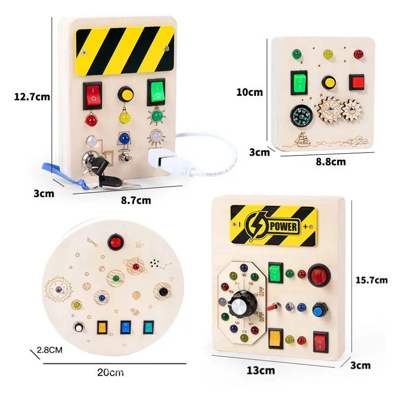 Montessori Busy Board Jouets mentaires oriels en bois avec interrupteur à lumière LED, Tableau de commande, Activités de voyage, Jeux pour enfants, 2-4 ans