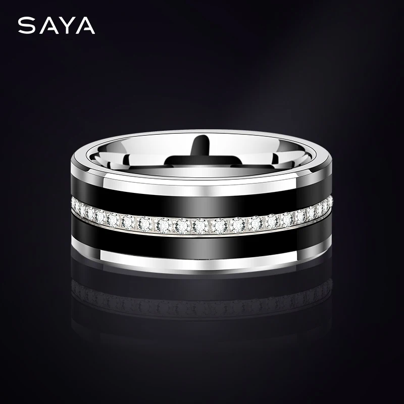 Wedding Rings for Men, Inlay Black Ceramic Fully Stacked Cubic Zircon Tungsten Jewelry for Engagement, Customized