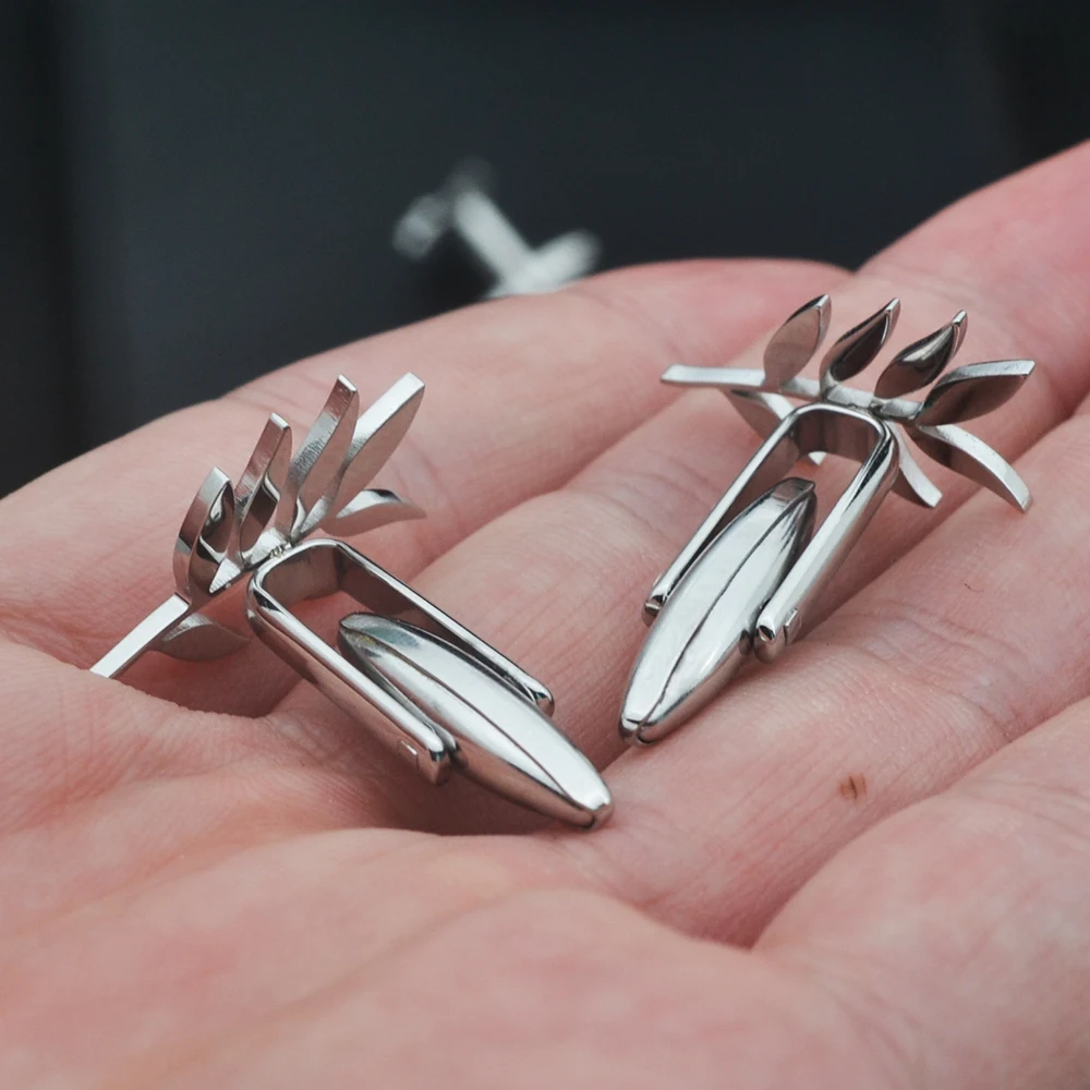 Fashionable Stainless Steel Cufflinks in the Shape of Llant Olive Branches, Suitable for Men\'s Clothing, as a gift for Boyfriend