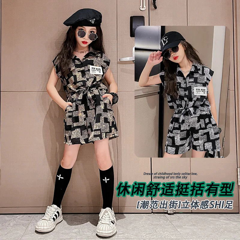 

Girls' Summer Suit Fashion Maze Lattice Short Sleeve+Short Pant 2Pcs Set 3-12Y