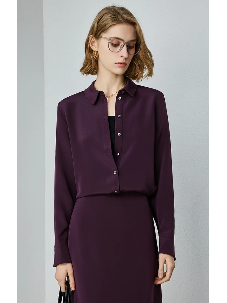 

Elegant UNQ Silk Shirt And Skirt Set Loose Fit Pure Color Silk Long Sleeve Button up Breathable Casual Wear for Women
