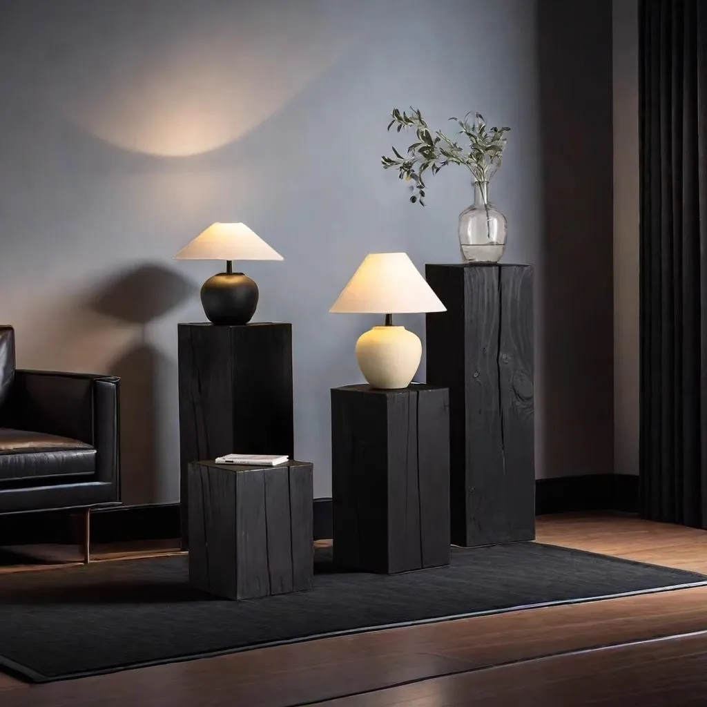 北欧風の炭化木製桟橋ポーチ装飾、根の彫刻、侘び寂び風の砂浜風フラワースタンド、アートベース、コーナー、無垢材の正方形の木製飾り