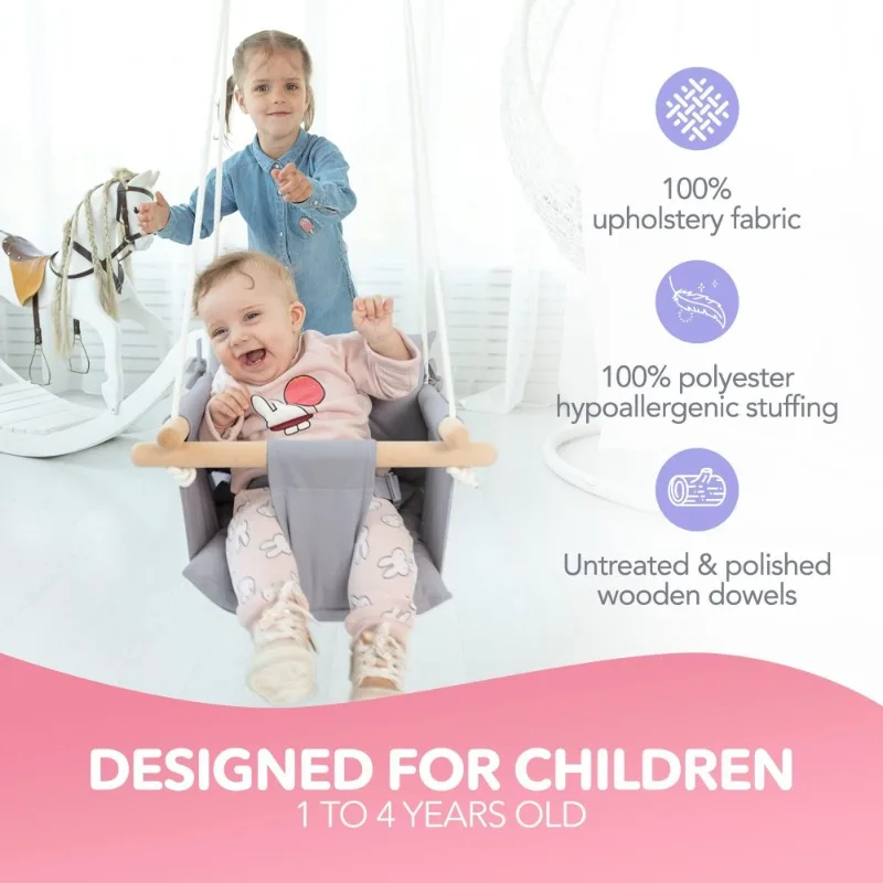 キャンバスベビーブランコ 木製ハンギングシート トープグレー 安全ベルト 取り付け金具 室内/屋外 キッズスイングチェア