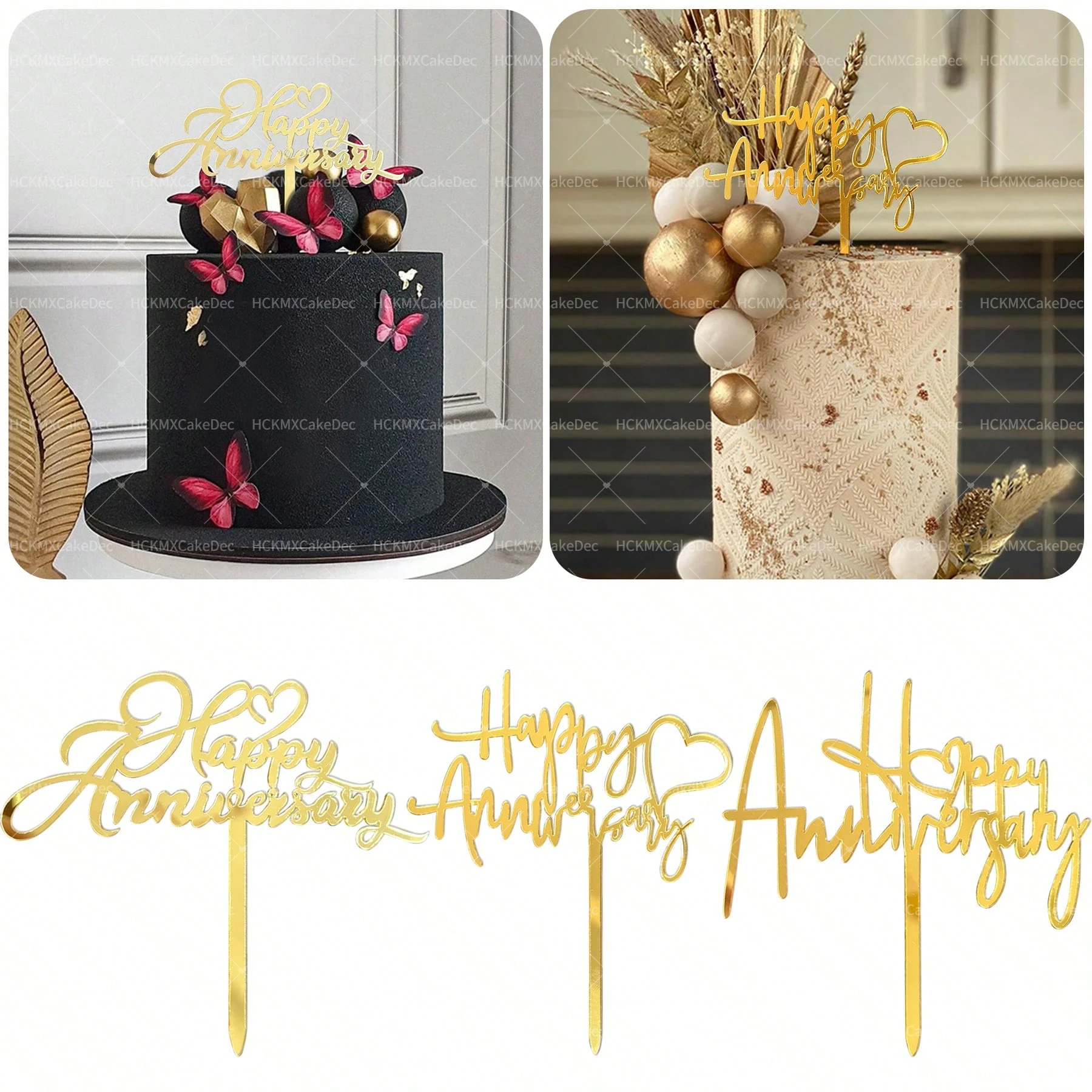 Ins Gold Happy Anniversary Tortenaufsatz für Hochzeitstorte Topper Jubiläumstorte Dekorationszubehör – Detail 1
