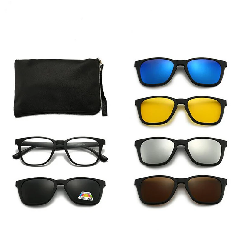 GSBJXZ Magnet-Clip, quadratische Myopie-Sonnenbrille für Herren und Damen, mit 5 Clip-on-Sonnenbrillen, polarisierte verschreibungspflichtige Brillen, 0–0,5–0,75 bis–6,0 7
