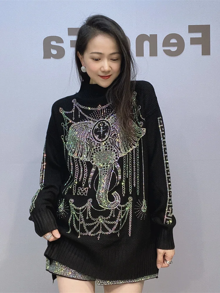 Hot Diamond Long-sleeved Black T-shirt Women Long-sleeved Outer T-shirt Loose Diamond-encrusted Bottoming Shirt Autumn