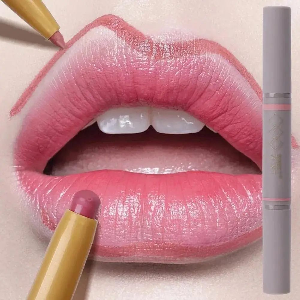 Delineador de labios de doble cabeza, sombra de larga duración, impermeable, contorno, bálsamo labial, lápiz de labios, crayón de labios, cosméticos para mujeres y niñas