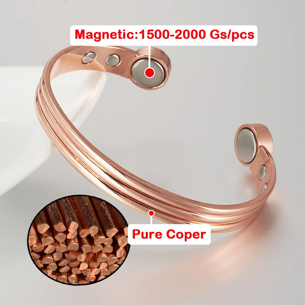 Pure Copper Bracelets for Men Women Adjustable Cuff Stripe Magnetic Bangles Arthritis Health High Magnet Metal Jewelry Resizable