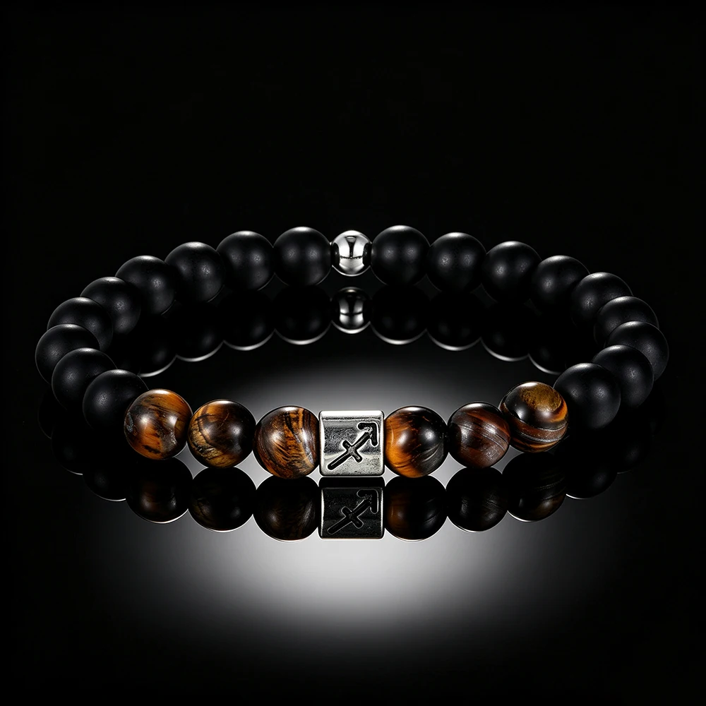 Handgefertigtes 12-Sternzeichen-Armband, elastisch, mit natürlichen Tigeraugensteinperlen, Sternzeichen-Anhänger, Unisex-Geburtstagsgeschenk für Männer und Frauen – Detail 6