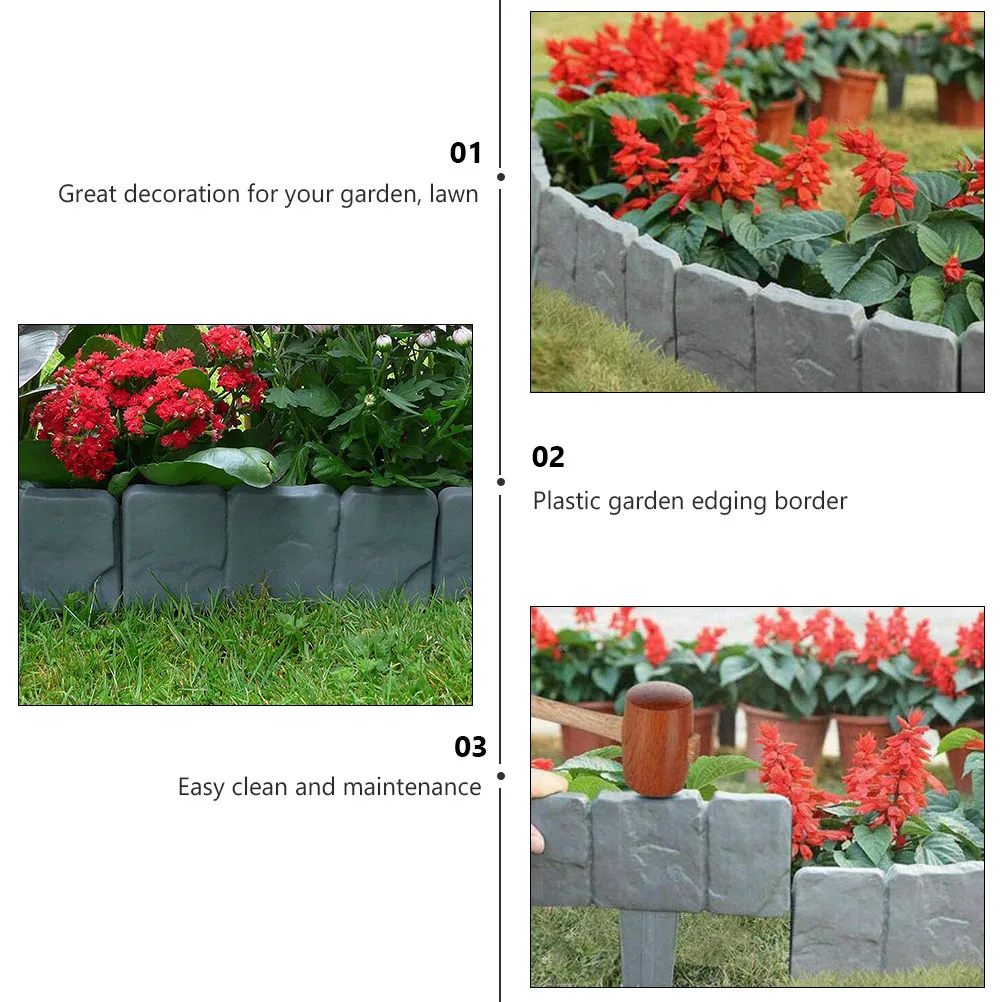 20Pcs Plastic Garden Edging Fence Stone Imitation Border Fence for Lawn Flowerbed Tree Path Decorative Weatherproof Reusable